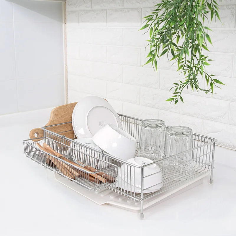 Compact Dish Drying Rack with Drain Board Set - Large Rust-Resistant Kitchen Organizer, Includes Dish Holder, 2 Tiers
