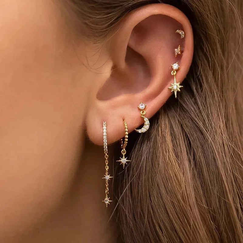 Star Moon Pendant CZ Chain Hoop Earrings for Women - Stainless Steel Jewelry