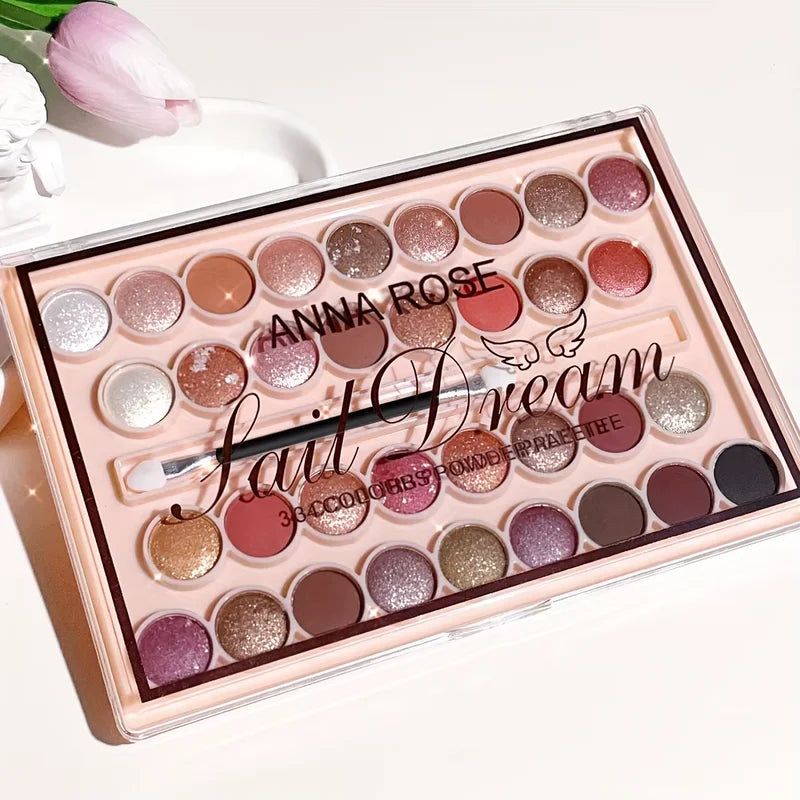 38-Color Eyeshadow Palette with Brush - Waterproof Matte & Shimmer Finishes, Coral & Nude Tones