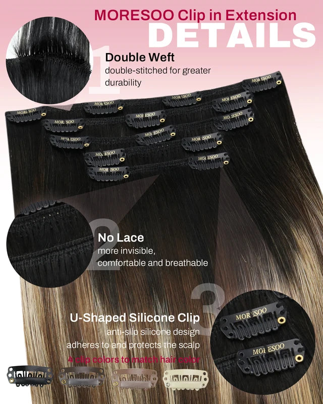 Human Hair Clip-In Extensions - Balayage, Remy, Double Weft, Various Lengths & Colors