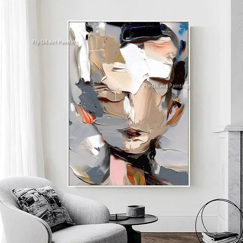 Large Abstract Face Oil Painting Canvas Art - Thick Texture Modern Artwork