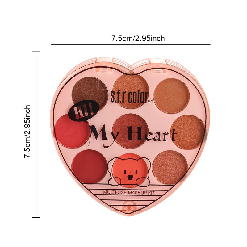 Multifunctional Heart-Shaped Makeup Palette with 9 Eyeshadows, 2 Blushes, 1 Highlighter, Portable Design, All-in-One Cosmetic Set