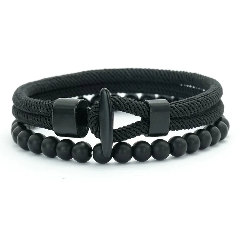 Men Bracelet Set 2Pcs Nautical Rope Wrap with Tiger Eyes & Onyx Stones - Multiple Colors