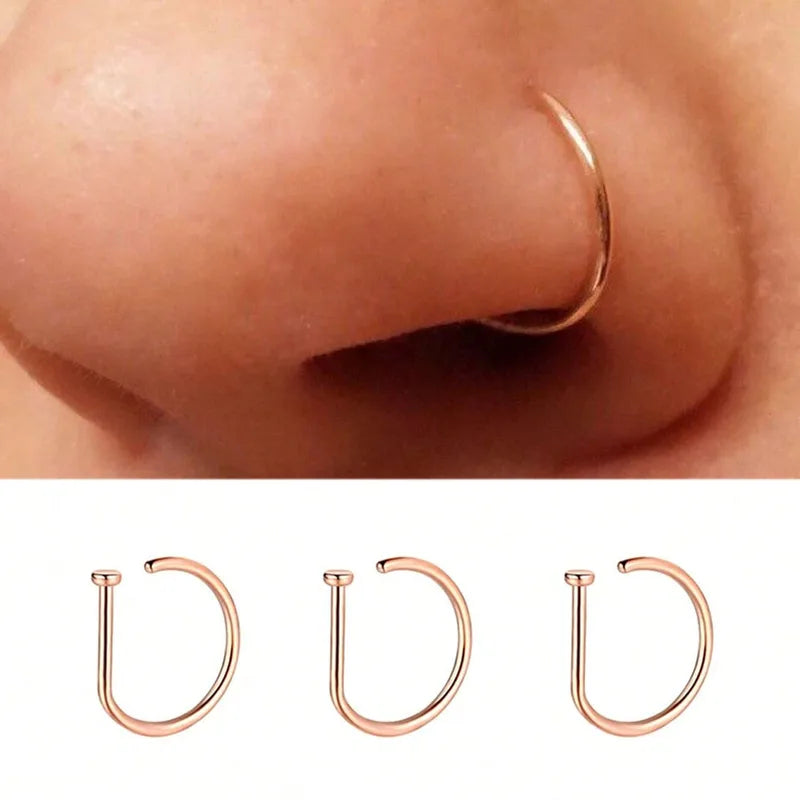 3Pcs Stainless Steel D Shape Nose Ring Set Hoop Curved Barbells Fake Lip Piercing