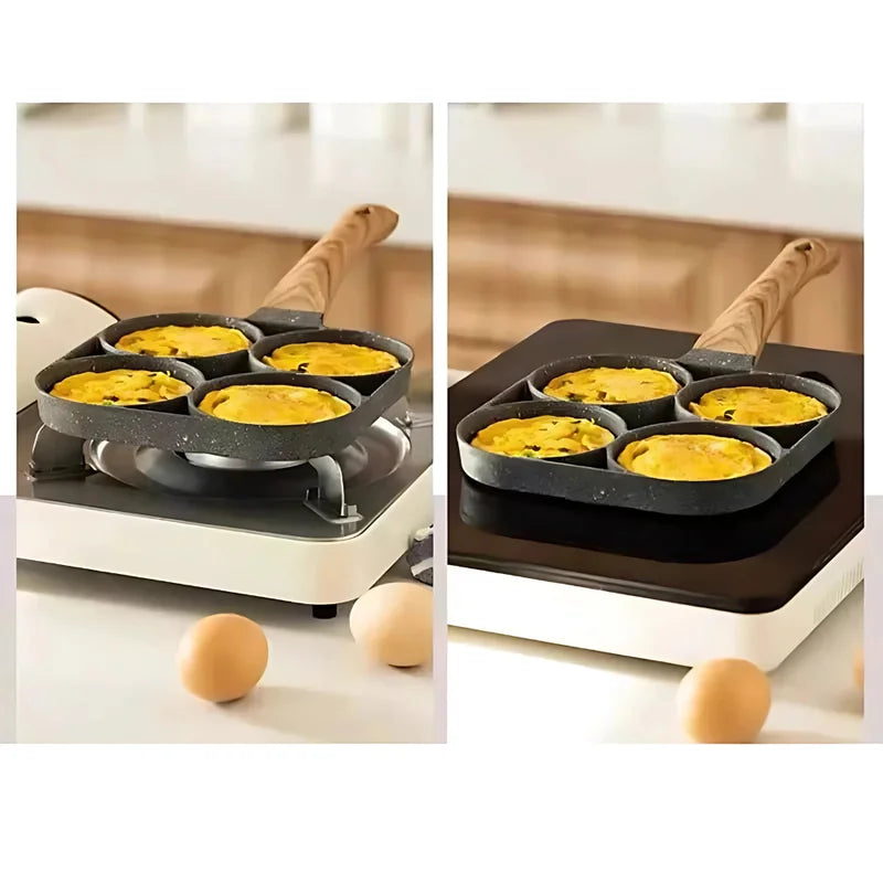 Nonstick Multi-Partition Frying Pan for Eggs, Bacon & Meat - Aluminum, Wooden Handle