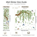 Large Tree Branch Wall Decals with Green Leaves and Colorful Birds - Botanical Nature Wall Decor