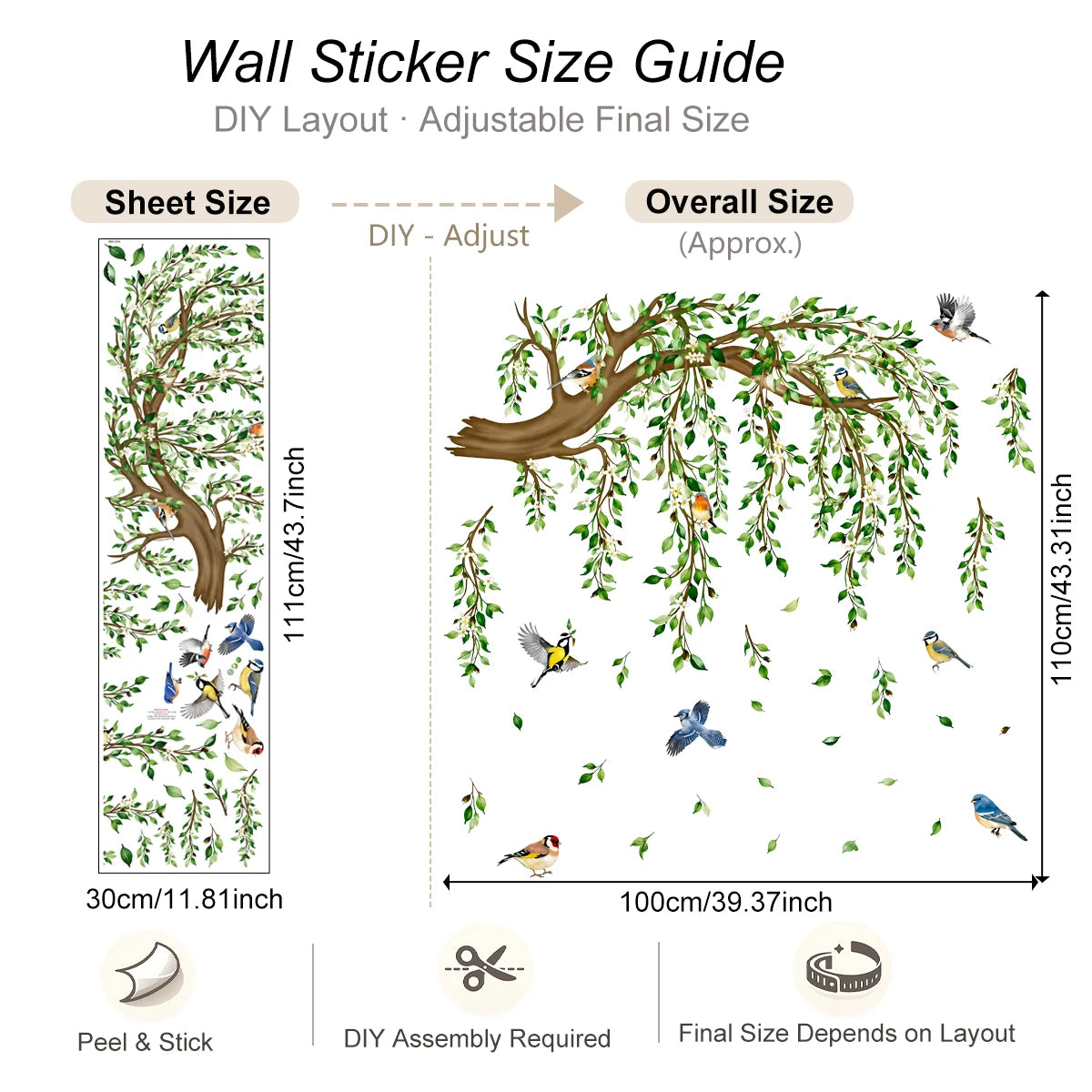 Large Tree Branch Wall Decals with Green Leaves and Colorful Birds - Botanical Nature Wall Decor