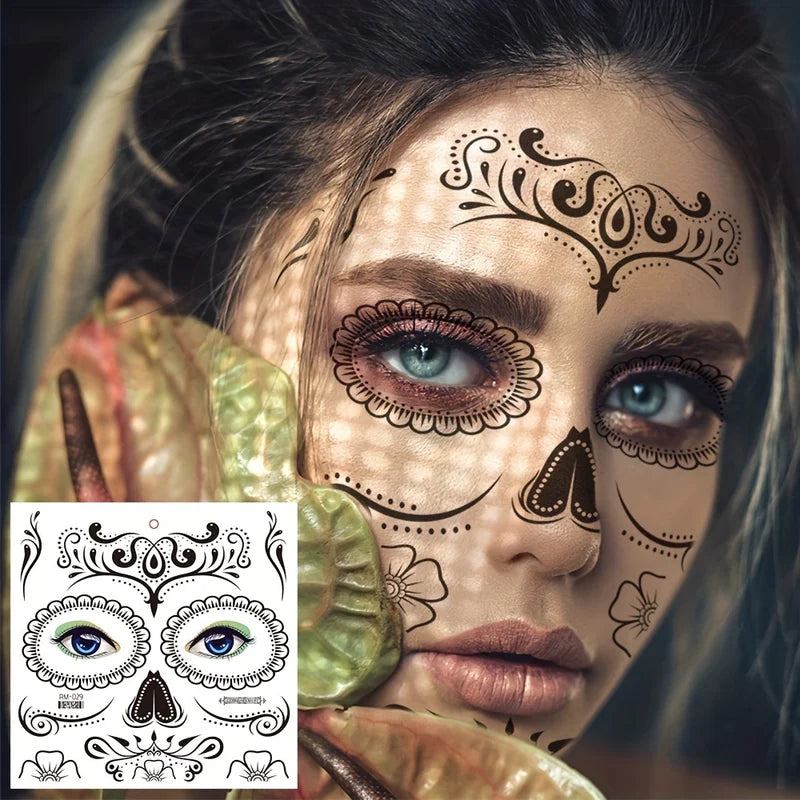 Halloween Temporary Tattoos Sticker Set Waterproof Skull & Day Of The Dead Designs