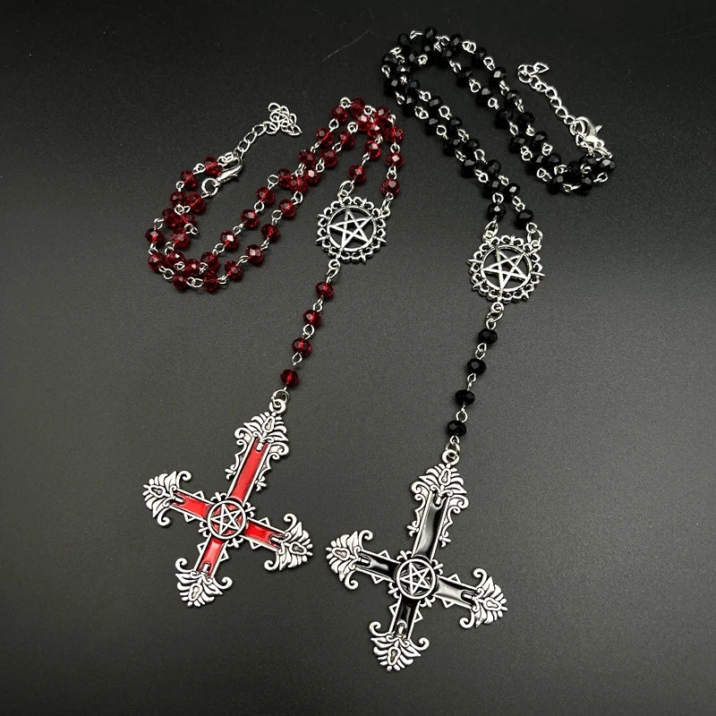 Gothic Pentagram Inverted Cross Rosary Satanic Devil Necklace Handmade Jewelry