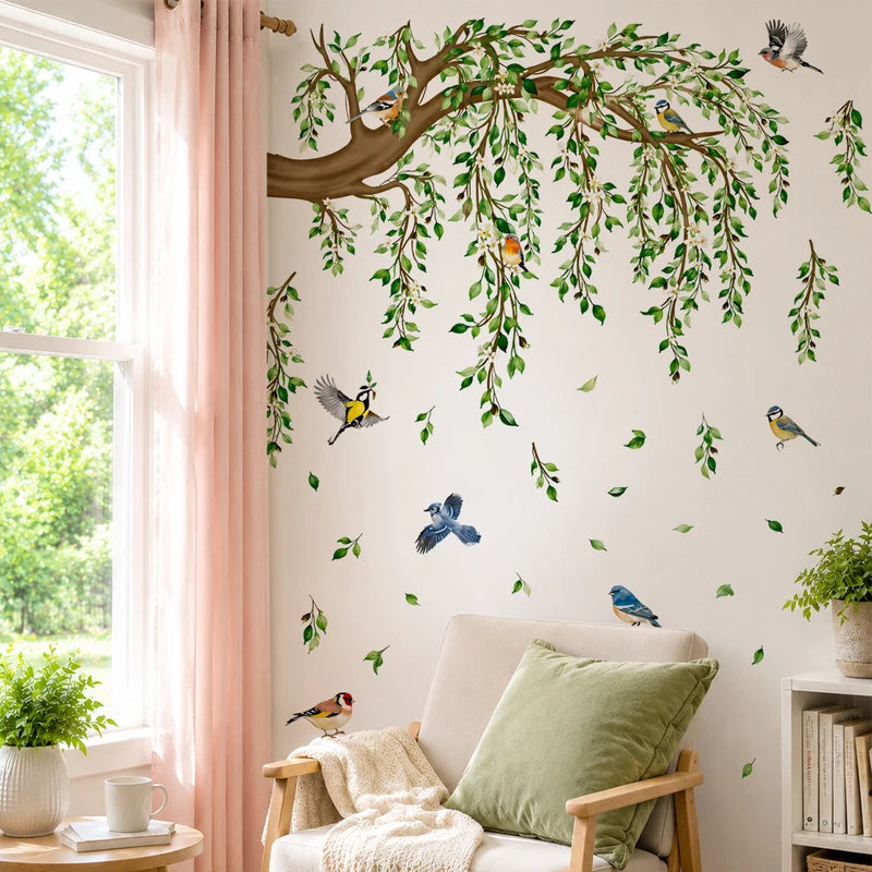 Large Tree Branch Wall Decals with Green Leaves and Colorful Birds - Botanical Nature Wall Decor