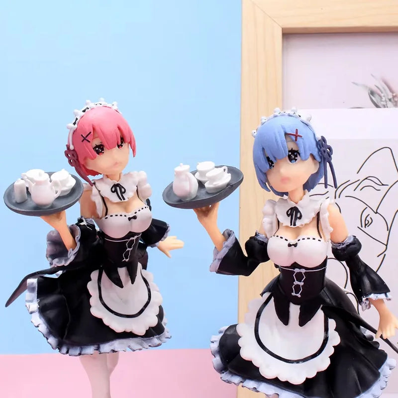 Re:Zero Rem & Ram Figure Set - Maid Costume with Tray, Standing Collectible Models