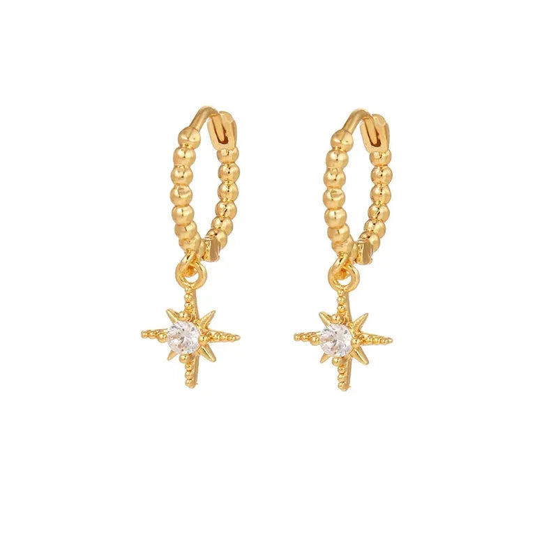 Star Moon Pendant CZ Chain Hoop Earrings for Women - Stainless Steel Jewelry