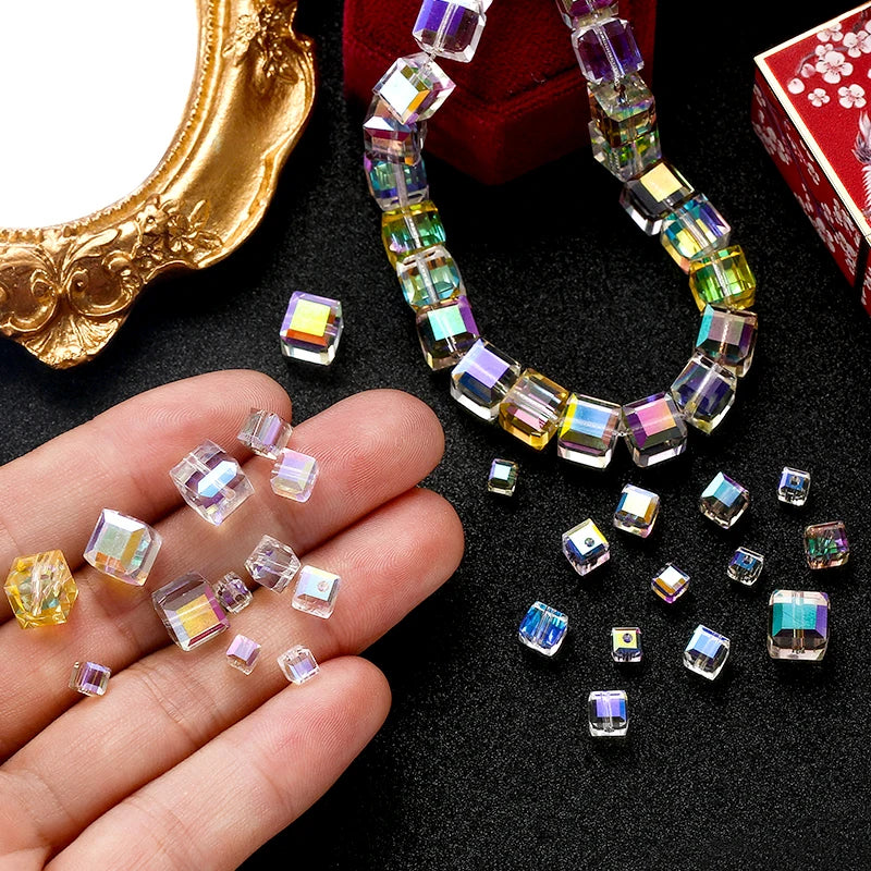 Crystal Cube Beads for Jewelry Making - Shiny AB Glass Spacer Beads