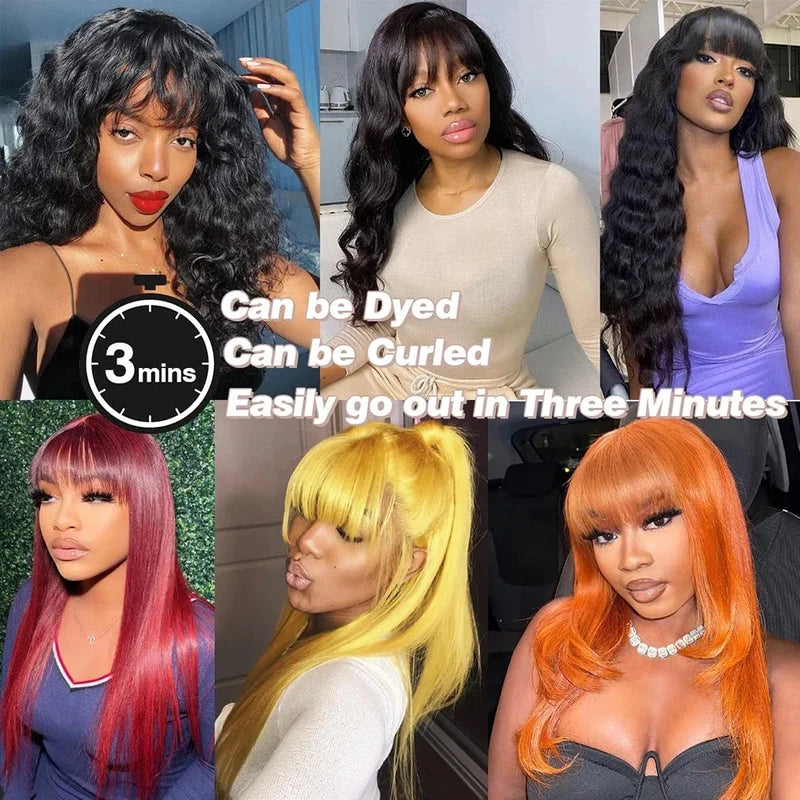 Human Hair Wigs with Bangs 30 Inch HD Lace Straight Full Machine Made Natural Color