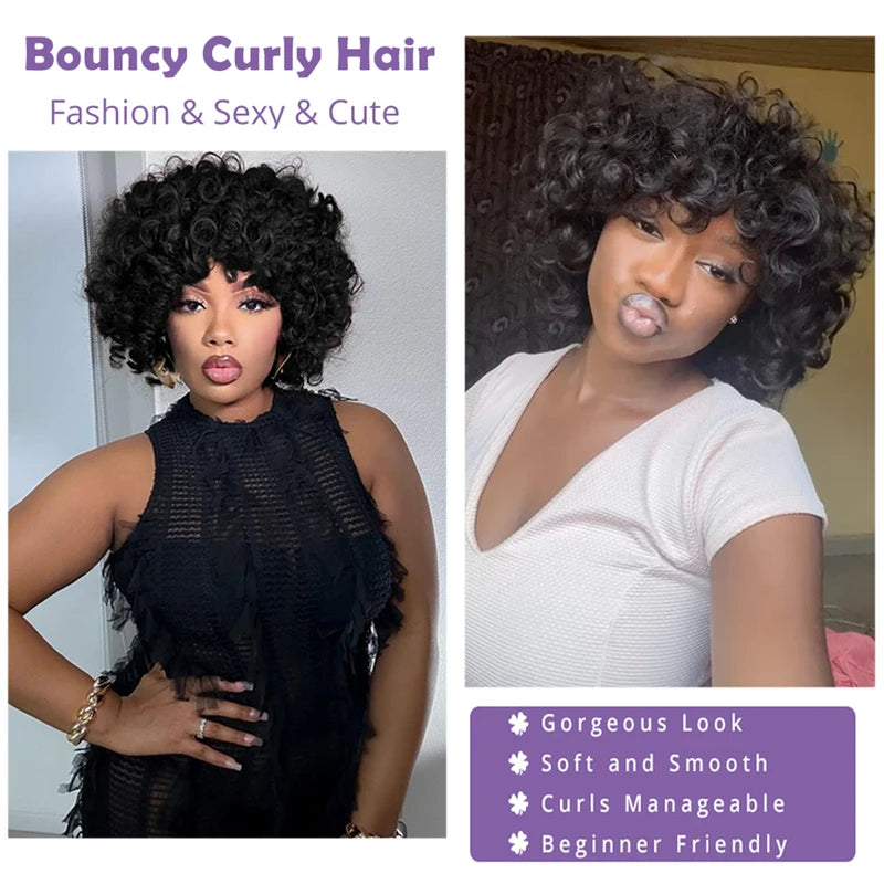 Curly Short Bob Wig with Bangs - Human Hair, Bouncy Afro Rose Style