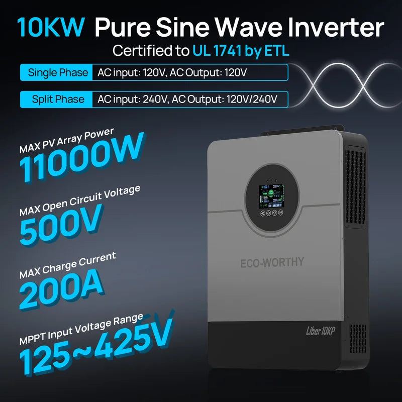 10KW Off-Grid Solar Inverter Charger with Split-Phase Power, UL1741