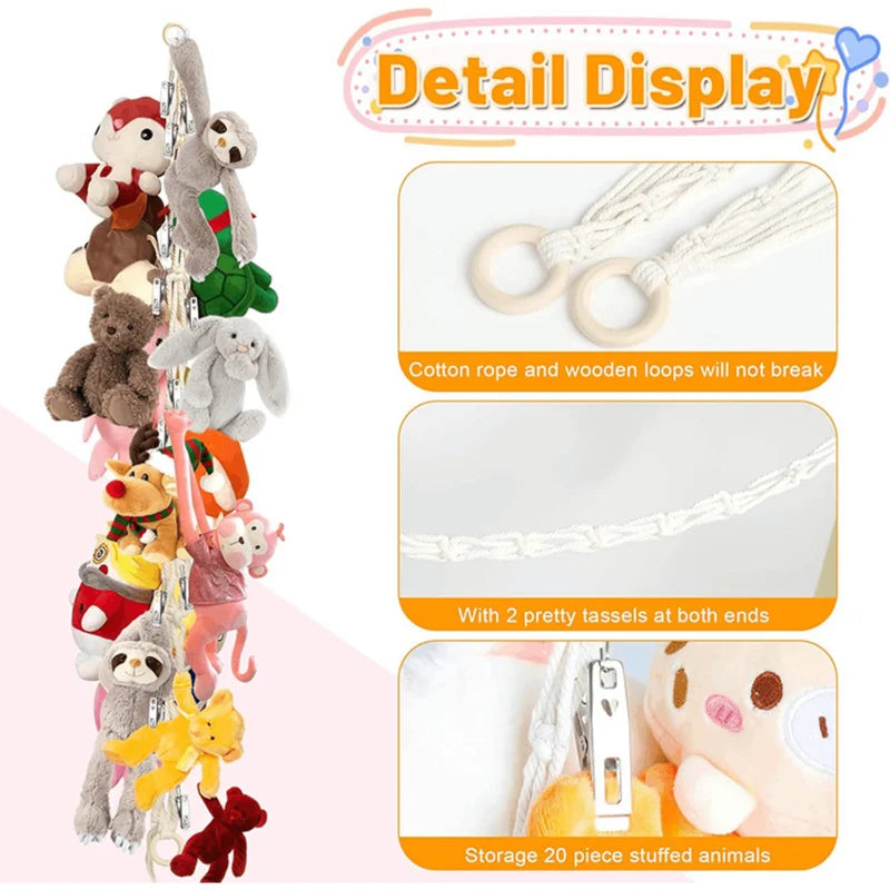 Cotton Toy Display Chain with Metal Clips - Wall Organizer for Dolls Hats Photos