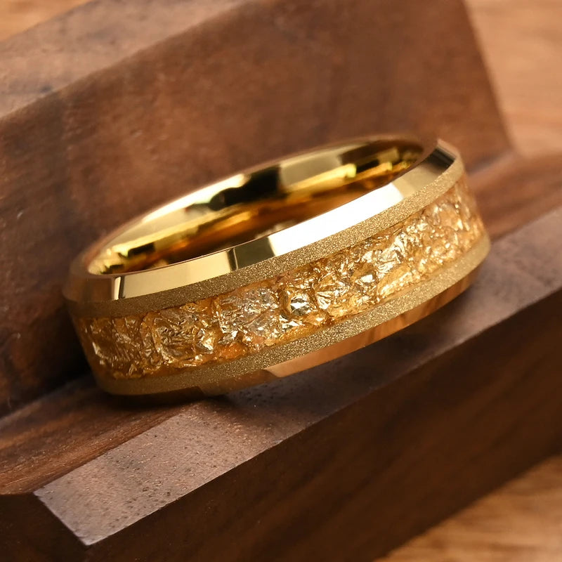 Men's Gold Tungsten Carbide Wedding Band with Gold Leaf Inlay - Comfort Fit