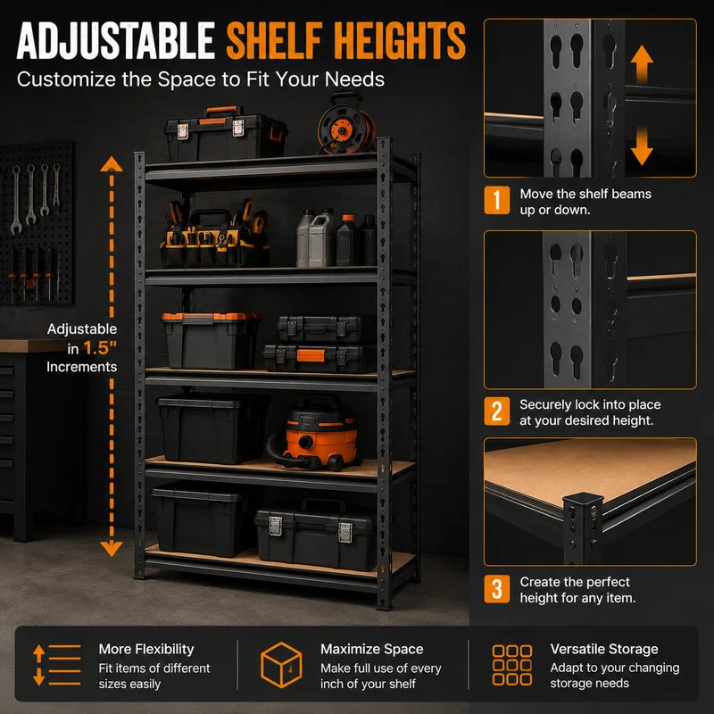 5-Tier Metal Garage Storage Shelving Unit with MDF Shelves - Heavy Duty Black & Green Options, 27.6W x 11.8D x 59.8H