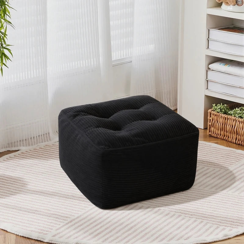 Black Corduroy Square Ottoman Footstool - Tufted Upholstered Footrest for Living Room & Bedroom