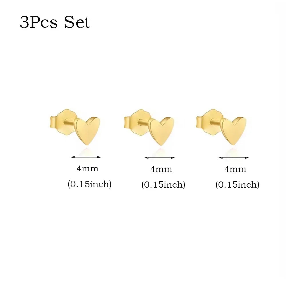 3-Piece Butterfly Back Stud Earrings for Women - Minimalist Heart Jewelry, 14K Gold Plated Silver Color