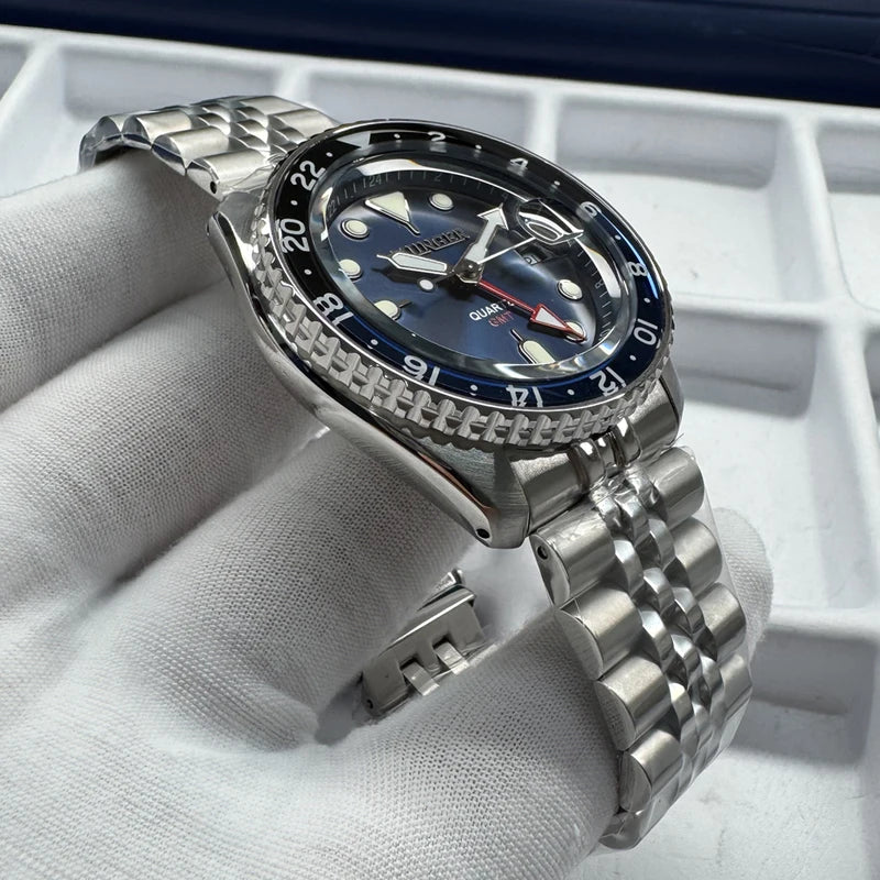 Men's 42mm GMT Quartz Watch with Luminous Hands Waterproof Stainless Steel