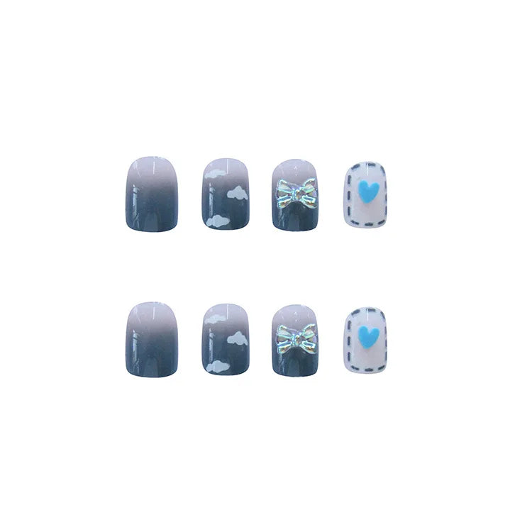 24PCS Fake Nail Art Set with Blue Sequin Design – Full Cover Artificial Nails