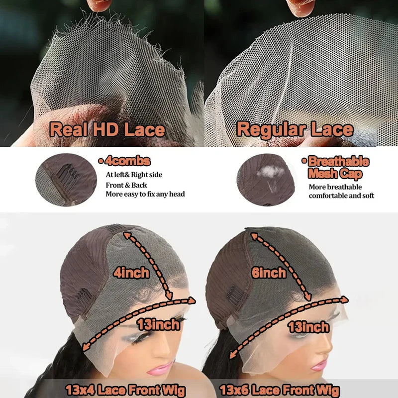Human Hair Lace Front Wigs 250% Density 13x4 HD Transparent Lace Glueless Full Frontal 13x6