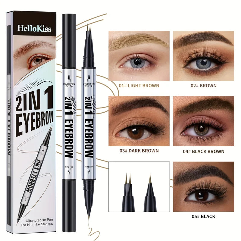 2-in-1 Waterproof Eyebrow Pen with Micro Fork Tip & Precision Brush for Natural Hair Strokes