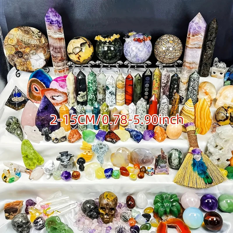 Crystal Gift Box with Mixed Raw Stones - Tower, Sphere, Carving, Bracelets & Home Decor