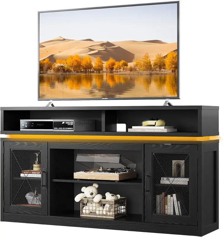 Farmhouse TV Stand for 65-Inch TVs with LED Lighting, Black Storage Console