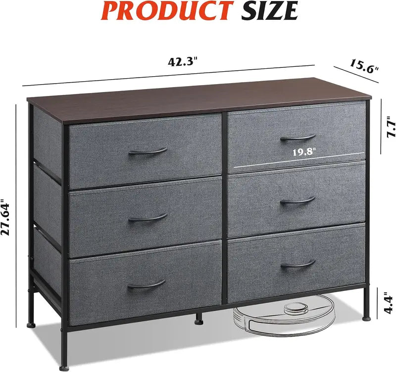 Bedroom Dresser with 6 Fabric Drawers, Dark Grey Storage Cabinet