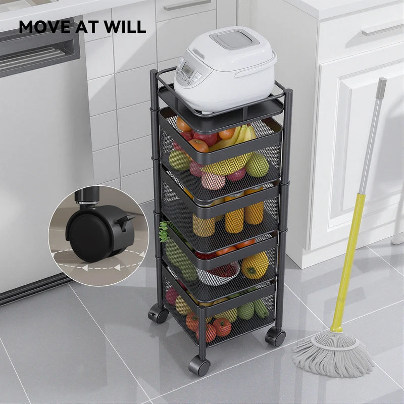 Multi-Functional Rotating Storage Rack - Mobile Floor Shelving for Kitchen and Home