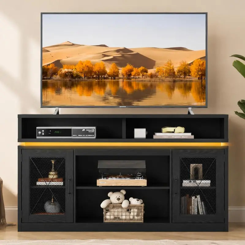 Farmhouse TV Stand for 65-Inch TVs with LED Lighting, Black Storage Console