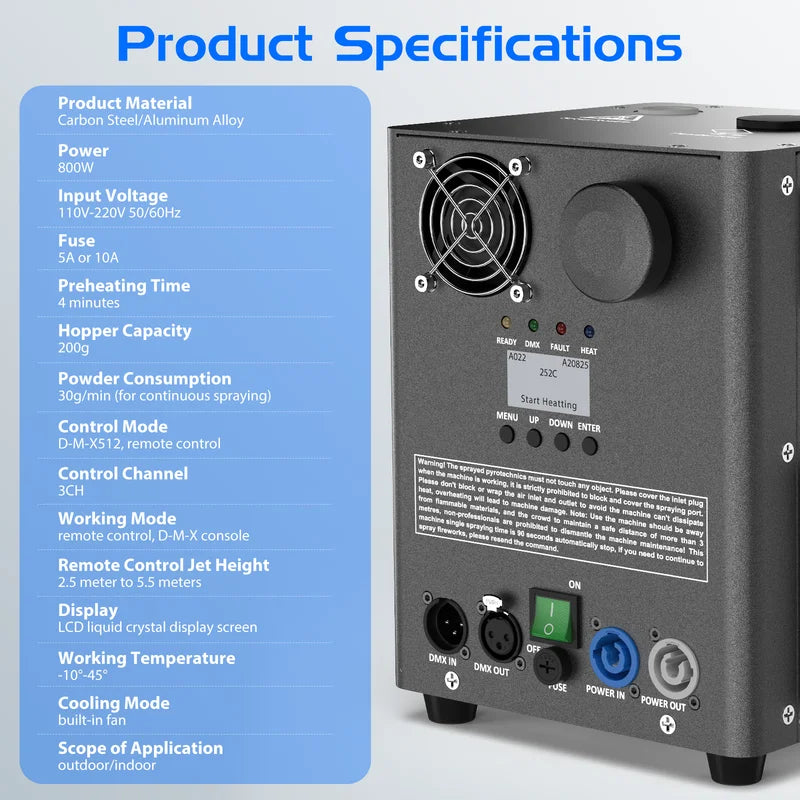 800W Cold Spark Machine for Stage Effects DMX & Wireless Control