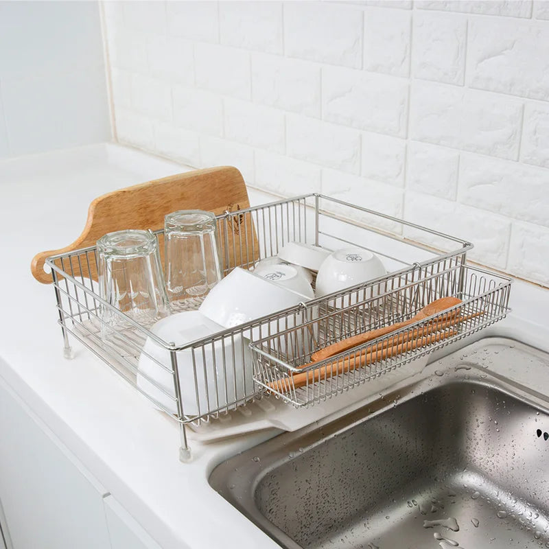 Compact Dish Drying Rack with Drain Board Set - Large Rust-Resistant Kitchen Organizer, Includes Dish Holder, 2 Tiers