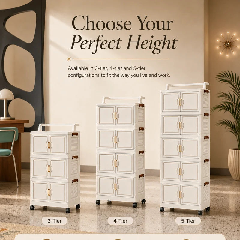 Retro Cream Storage Cart - 3, 4, 5 Tier Modular Wheeled Cabinet with Gold Handles