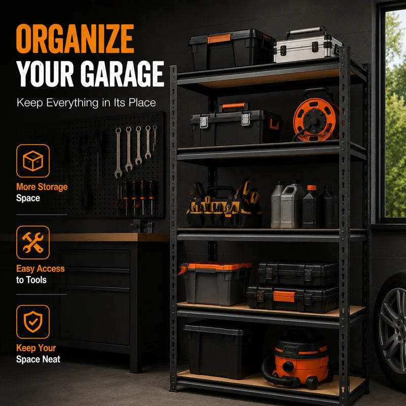 5-Tier Metal Garage Storage Shelving Unit with MDF Shelves - Heavy Duty Black & Green Options, 27.6W x 11.8D x 59.8H
