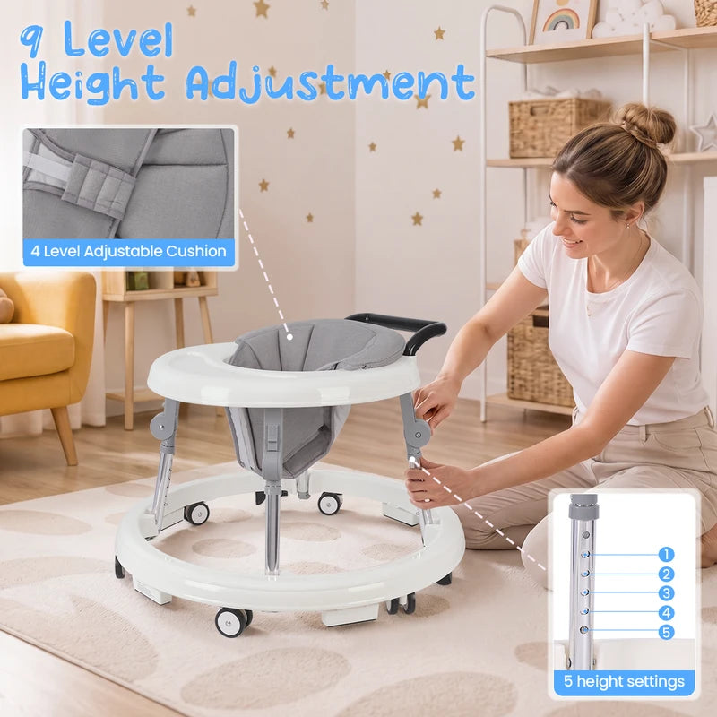 Foldable Baby Walker with Anti-Rollover Safety Base & Adjustable Support Legs