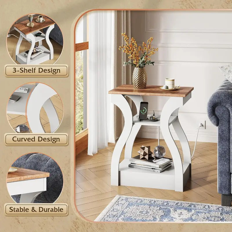 Modern End Tables Set of 2 with Charging Station - Nightstand with USB Ports and Storage Shelf