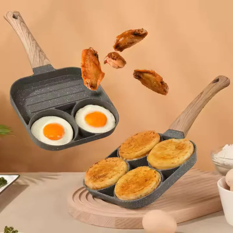 Nonstick Multi-Partition Frying Pan for Eggs, Bacon & Meat - Aluminum, Wooden Handle