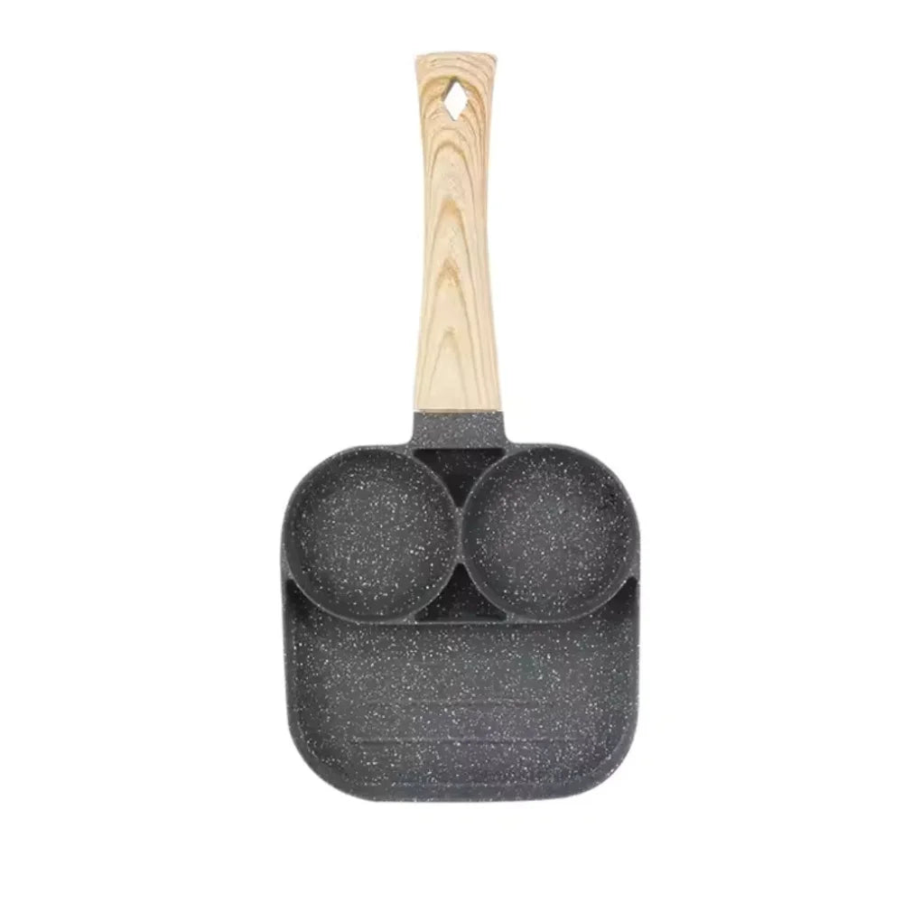 Nonstick Multi-Partition Frying Pan for Eggs, Bacon & Meat - Aluminum, Wooden Handle