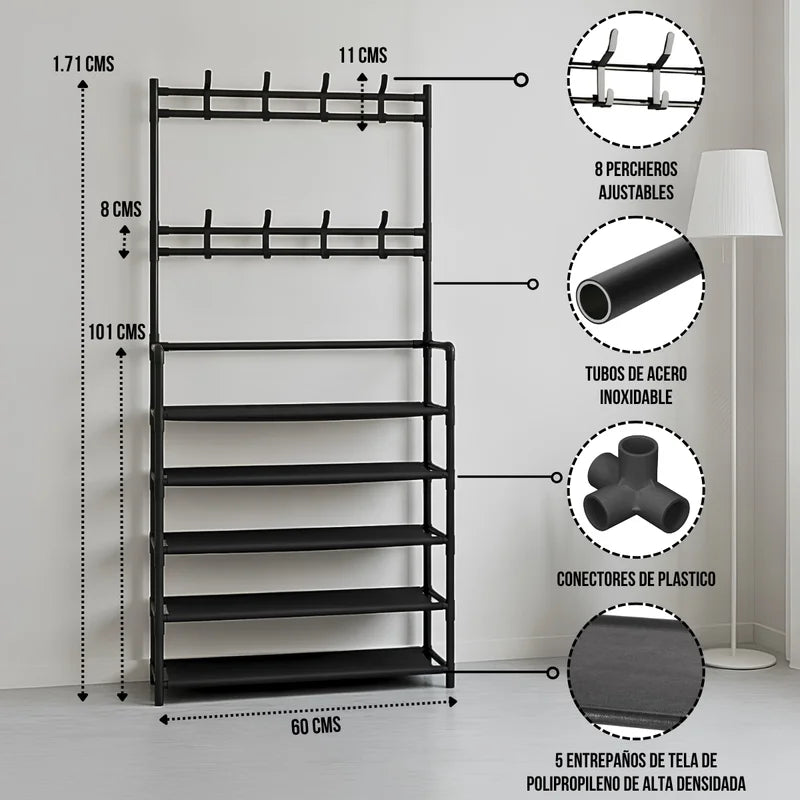 Modular Shoe Rack with 5 Shelves and 8 Hangers - Black & White Home Organizer