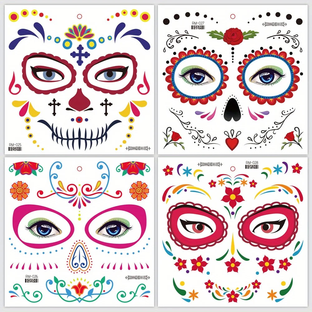 Halloween Temporary Tattoos Sticker Set Waterproof Skull & Day Of The Dead Designs