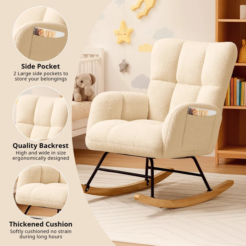 Nursery & Glider Rocking Chair with Side Pockets - Soft Teddy Fabric, High Back, Stable Frame for Living Room and Bedroom