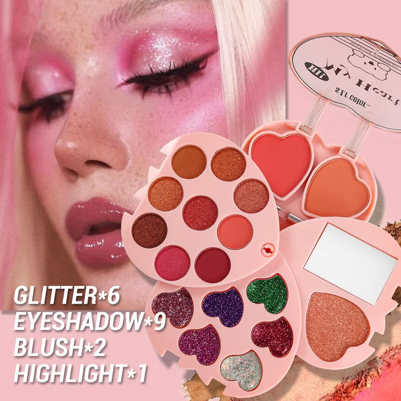Multifunctional Heart-Shaped Makeup Palette with 9 Eyeshadows, 2 Blushes, 1 Highlighter, Portable Design, All-in-One Cosmetic Set