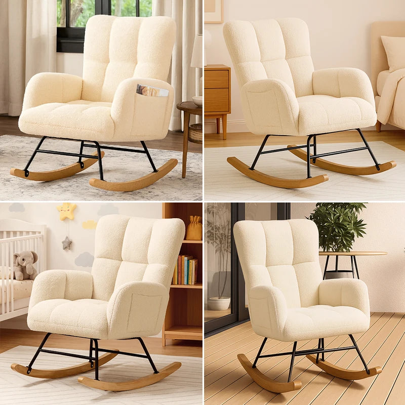 Nursery & Glider Rocking Chair with Side Pockets - Soft Teddy Fabric, High Back, Stable Frame for Living Room and Bedroom