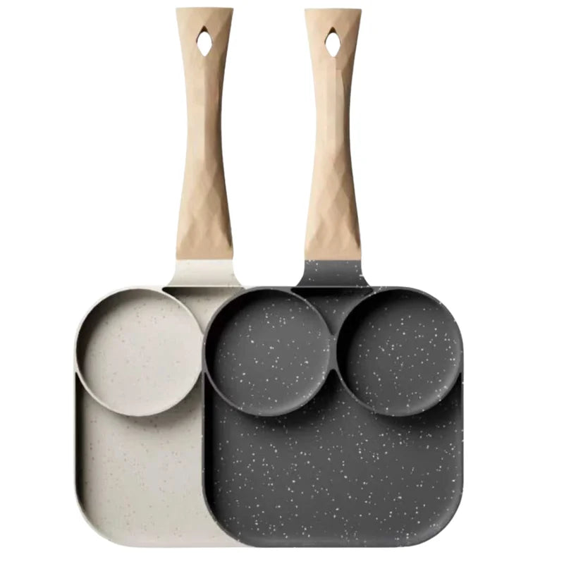 Nonstick Multi-Partition Frying Pan for Eggs, Bacon & Meat - Aluminum, Wooden Handle