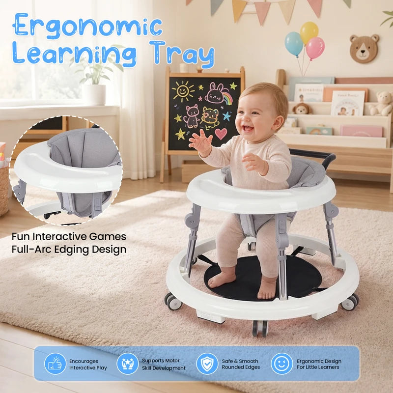 Foldable Baby Walker with Anti-Rollover Safety Base & Adjustable Support Legs