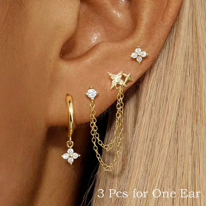 3-Piece Zircon Flower Dangle Hoop & Stud Earring Set for Women Stainless Steel Jewelry